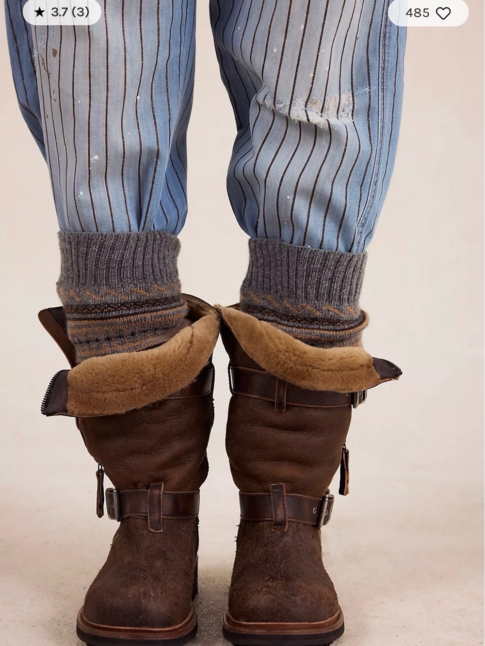 We The Free Distressed Brown Leather Shearling-Lined Buckle Boots - Picture 4 of 7